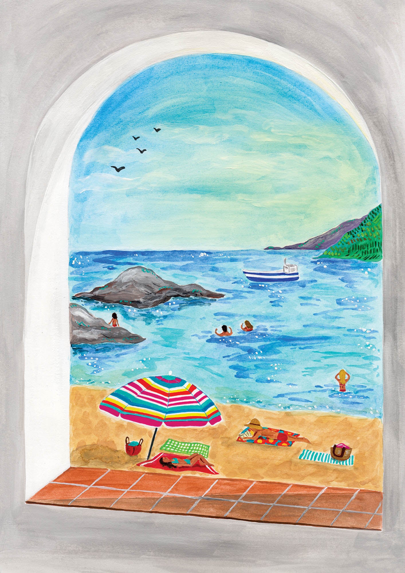 A gouache painting of a beach and the Mediterranean sea, seen through an arched window, set in the village of Calella de Palafrugell in the Costa Brava, Spain