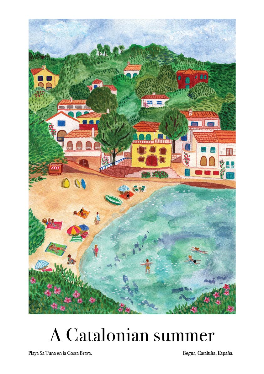 An art poster of a gouache painting of a small village and a beach surrounded by trees, set in the Costa Brava, Catalonia, Spain