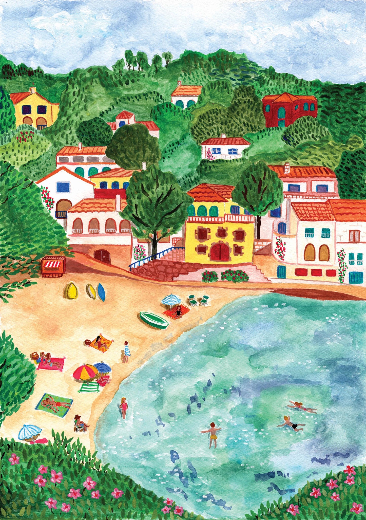 A gouache painting of a small village and a beach surrounded by trees, set in the Costa Brava, Catalonia, Spain
