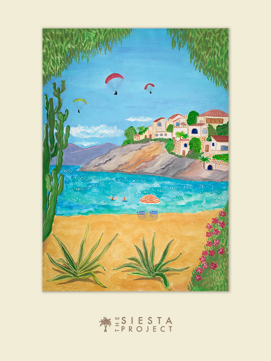 Colorful illustration of a beach scene with houses, ocean, and paragliders, featuring the 'Siesta Project' logo.