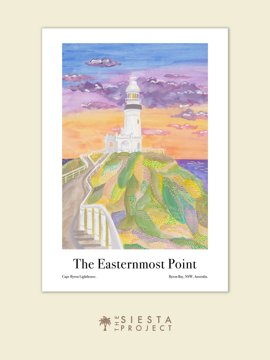 Art print of a lighthouse with colorful landscape and 'The Easternmost Point' text, set in Byron Bay Australia