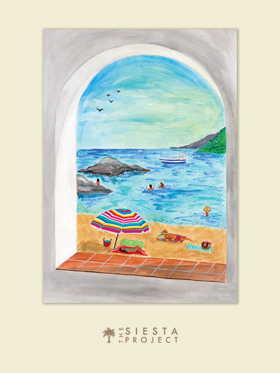 Painting of a beach scene with a colorful umbrella and lounge chairs, framed as if viewed through an archway.