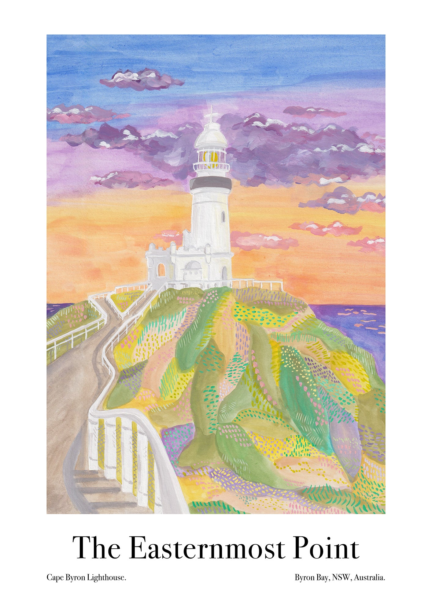 An Art Poster showing the lighthouse in Byron Bay in pastel sunrise colours