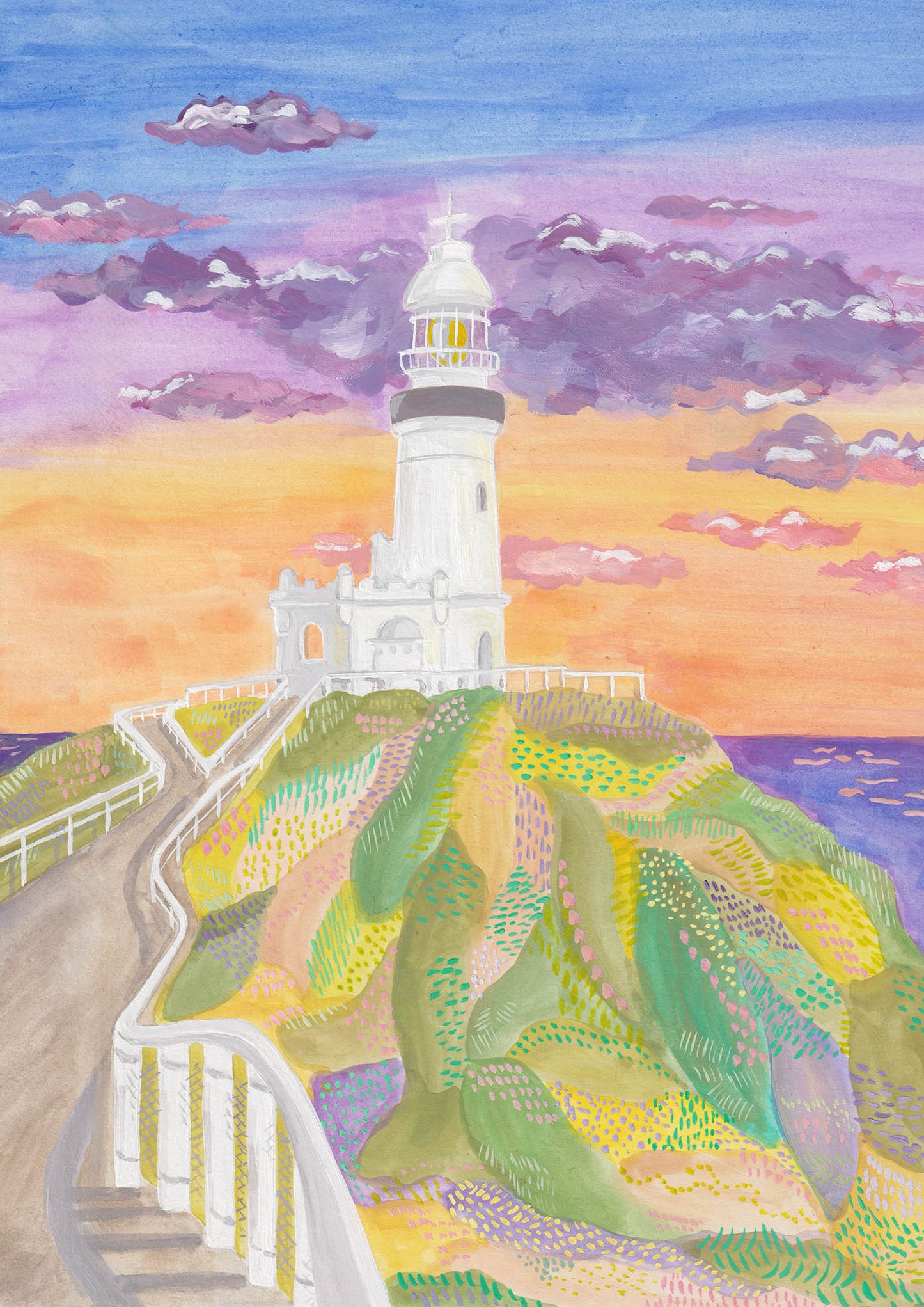 A Travel Art Print that shows the lighthouse in Byron Bay, Australia in dreamy sunrise colours.