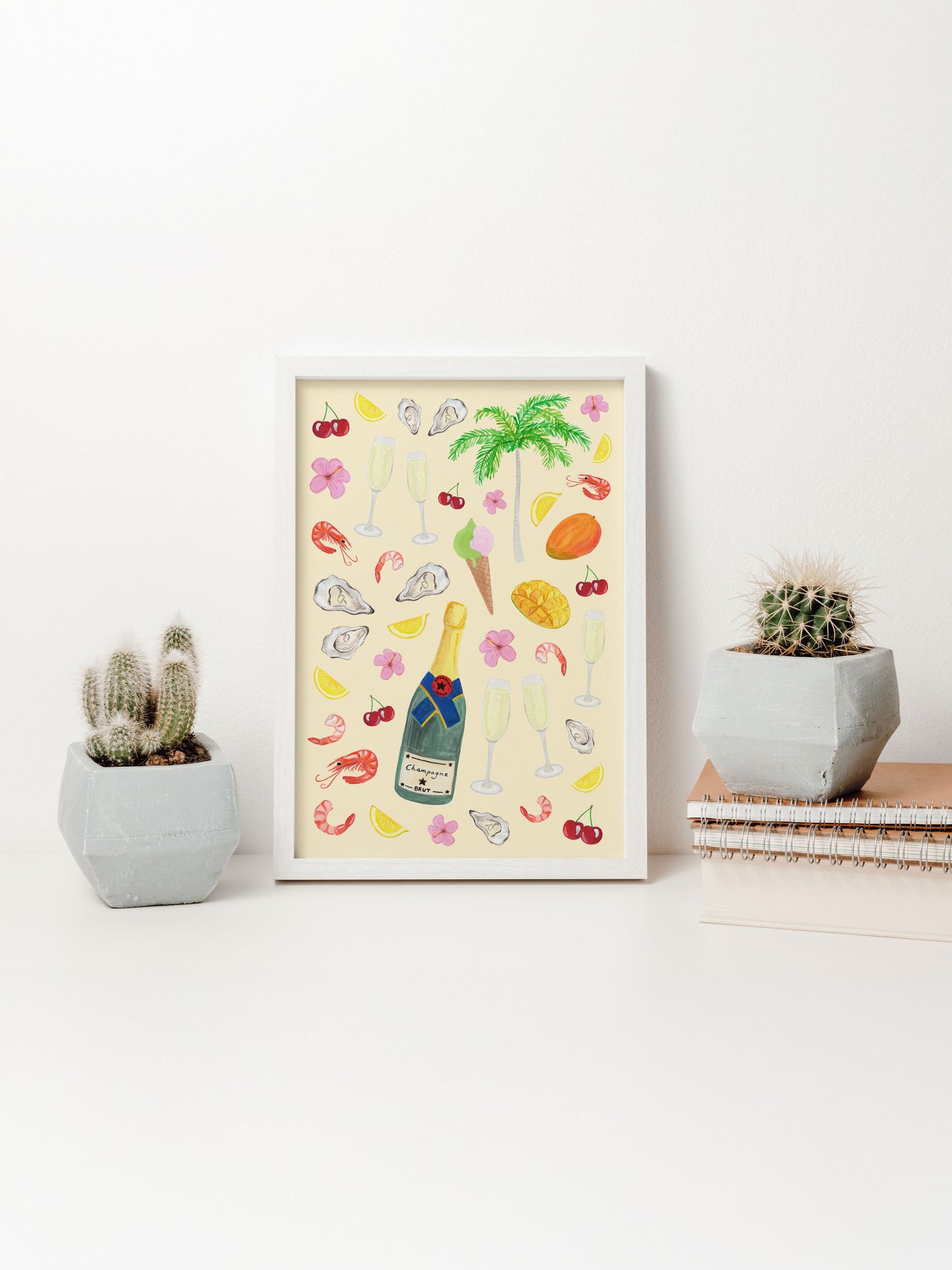 A summer celebration art poster in a frame.