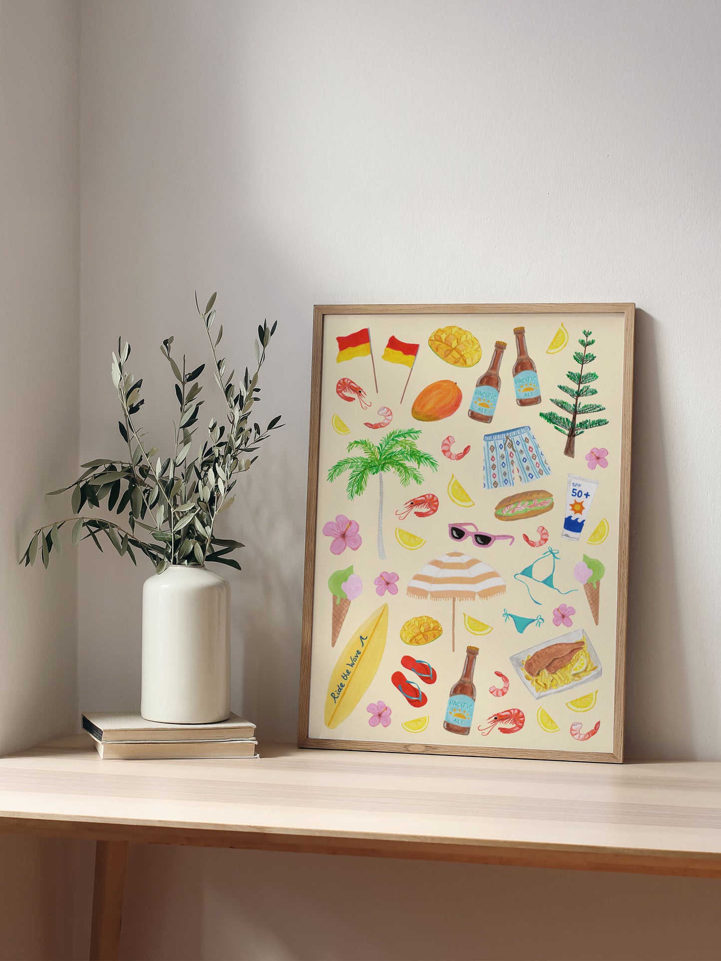 A pattern art poster of summer elements in a frame