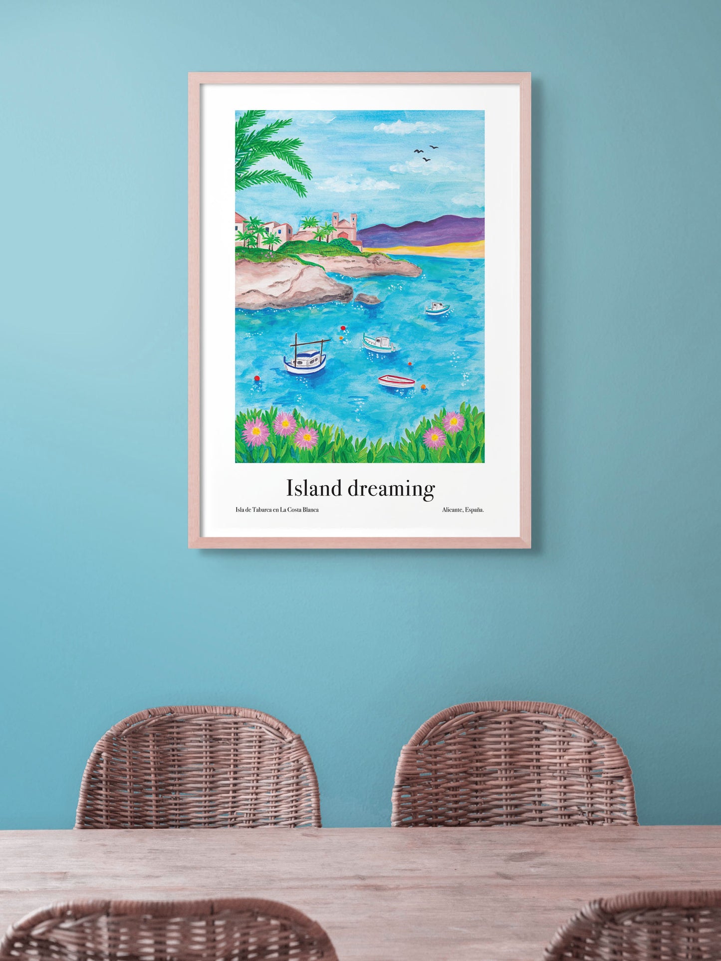 Art poster of a scene of boats on the Mediterranean sea, framed on a wall
