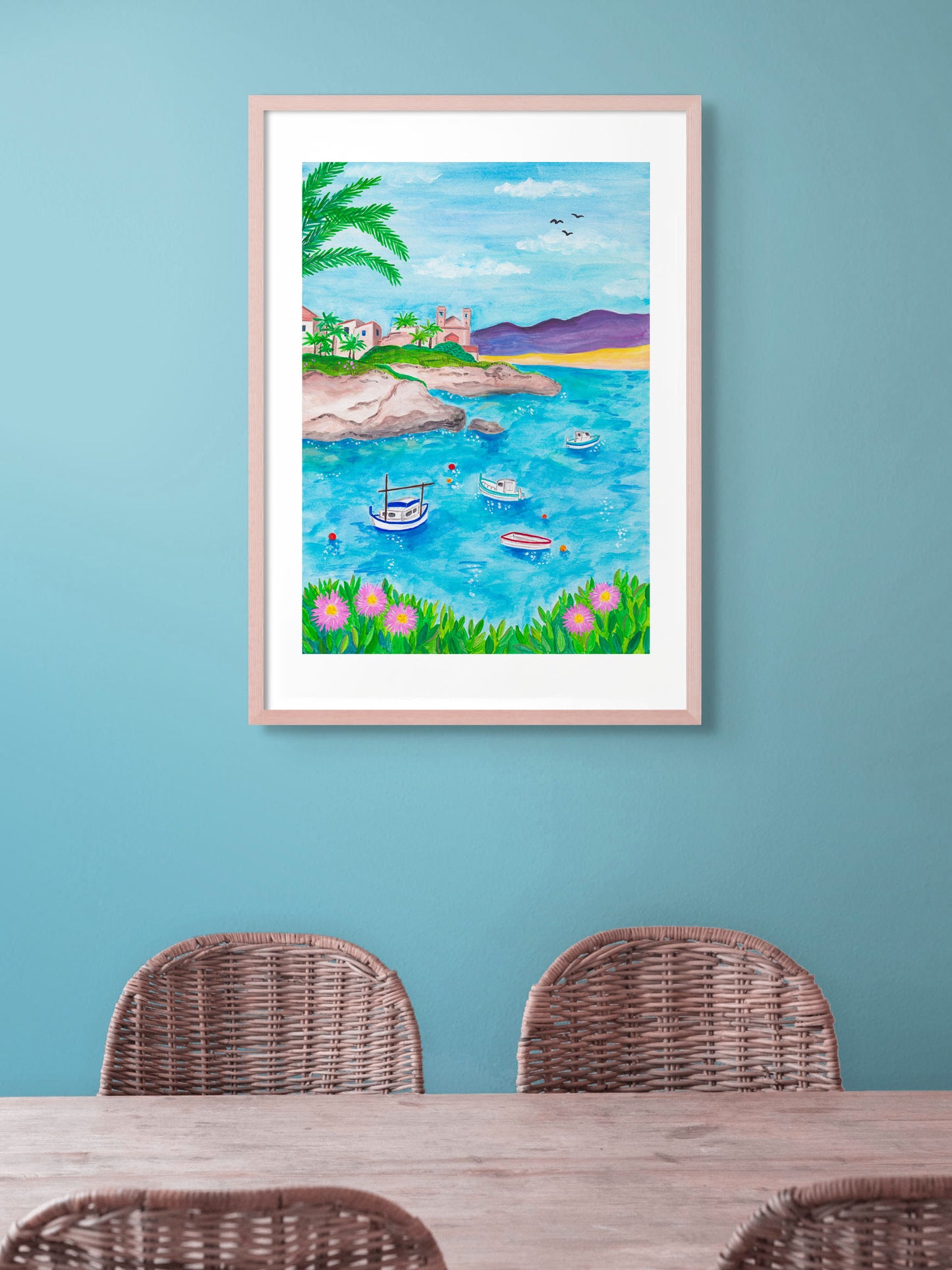 Art print of a scene with boats on the Mediterranean sea, framed on a wall