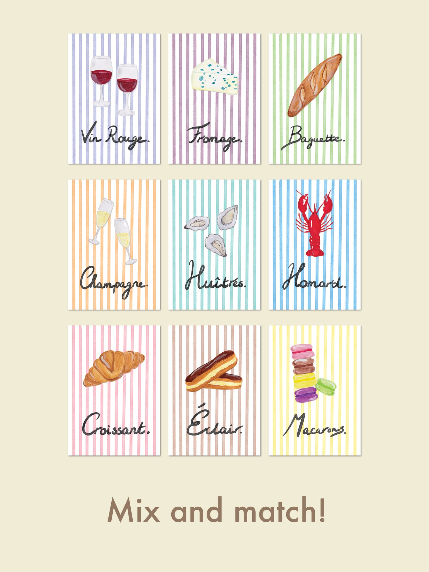 A collection of Art Prints of French Food and Drinks on colourful stripes