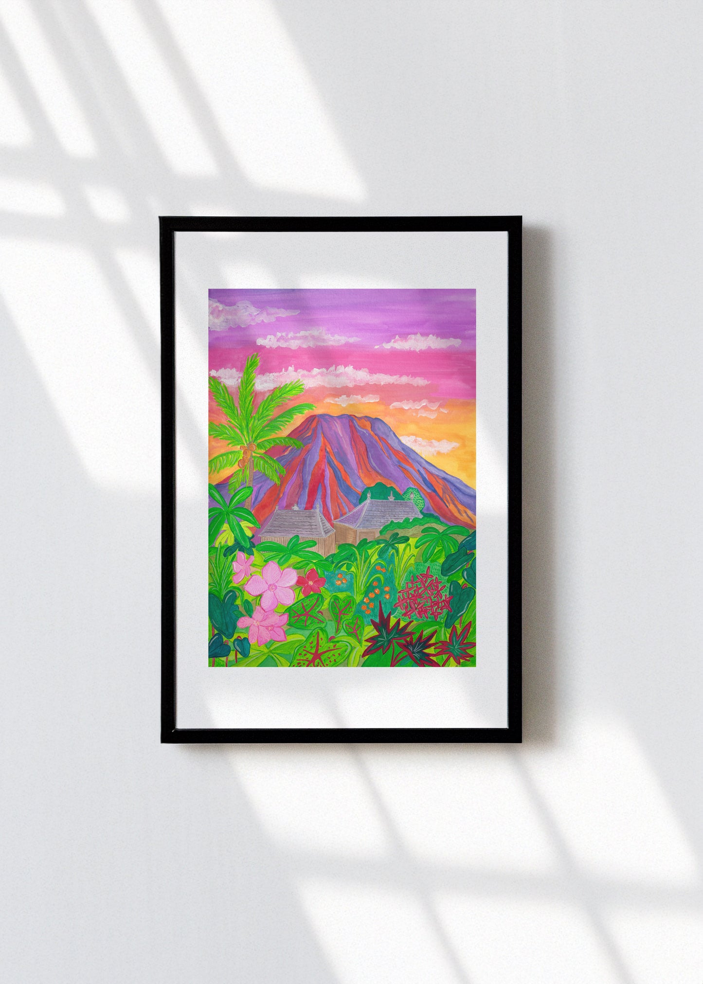 A framed art print of Mount Agung on Bali at sunset