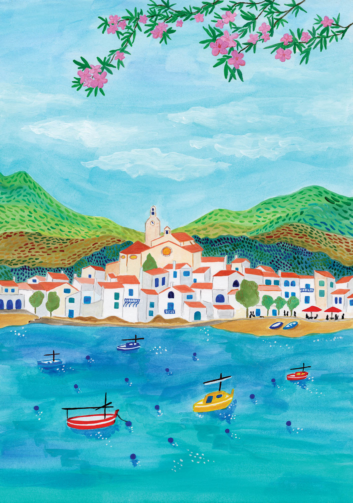 A gouache painting of the village of Cadaques in the Costa Brava, Catalonia, Spain
