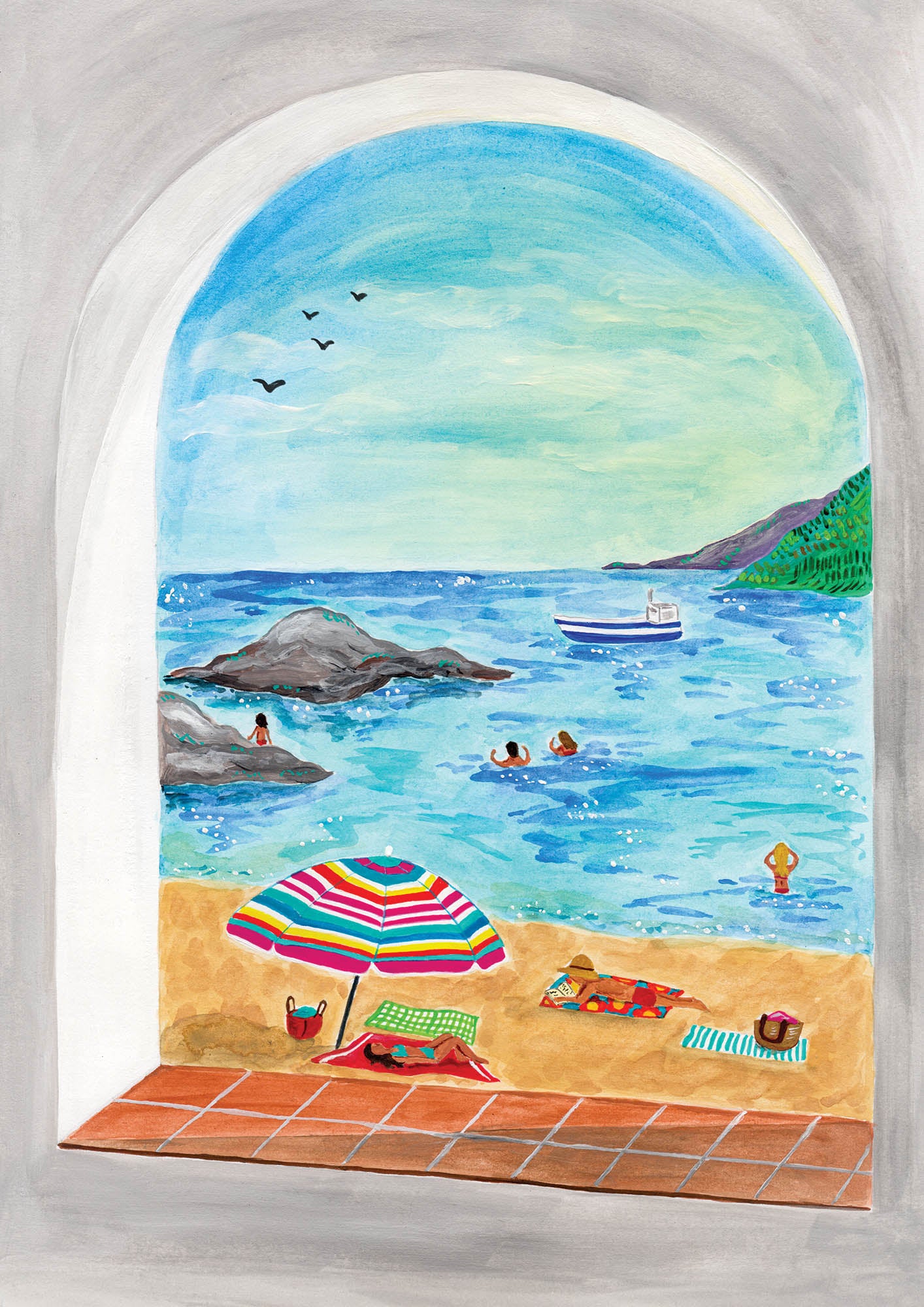 A gouache painting of a beach and the Mediterranean sea, seen through an arched window, set in the village of Calella de Palafrugell in the Costa Brava, Spain 