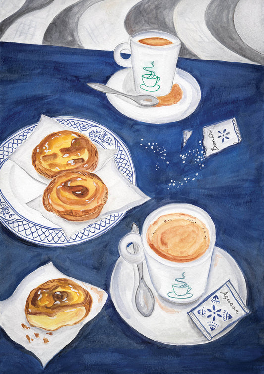 A watercolour painting of two cups of coffee and Portuguese tarts on a dark blue table.