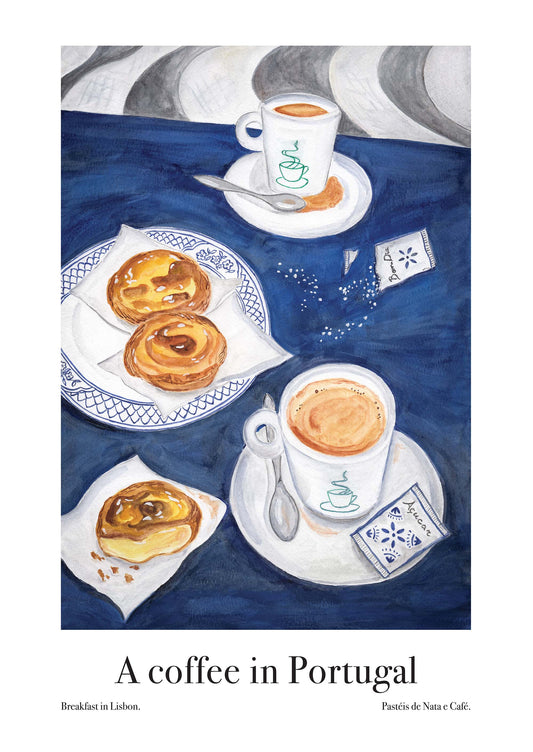 An art poster of a watercolour painting of two cups of coffee and Portuguese tarts on a blue table.