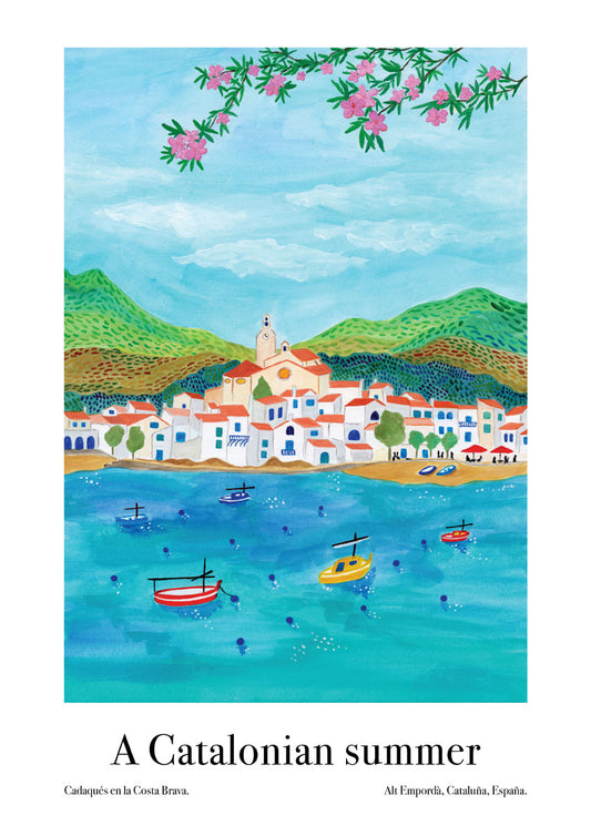 An art poster with a gouache illustration of Cadaques in the Costa Brava, Catalonia, Spain