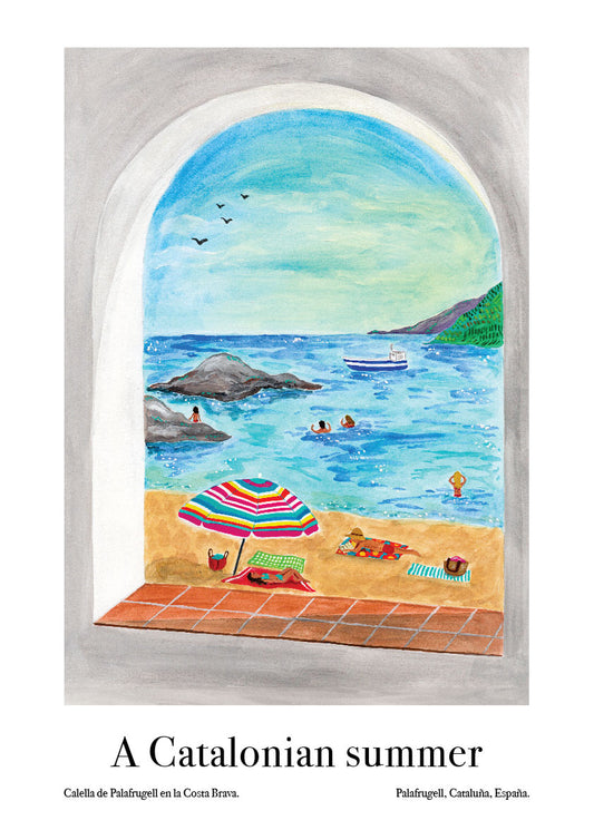 An art poster with a gouache illustration of a beach in the village of Calella de Palafrugell, Spain, seen through an arched window.
