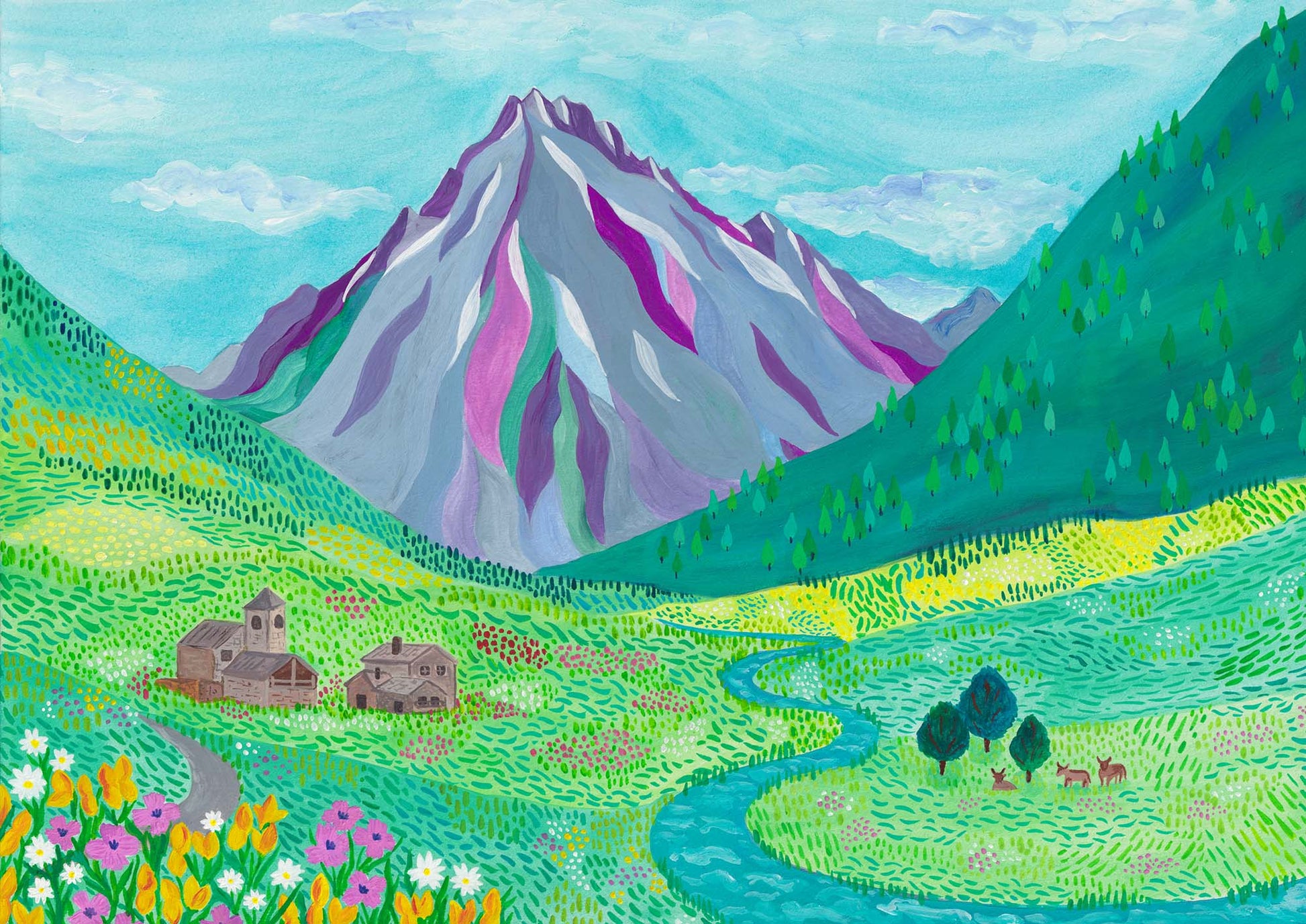 A gouache painting of a mountain landscape in Andorra with bright colours and lots of little details of flowers and trees.