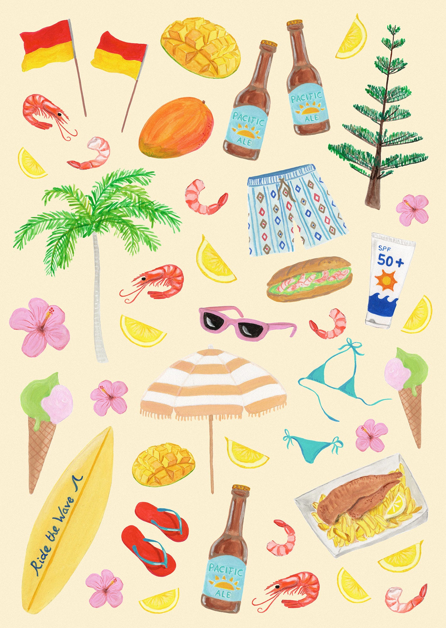 A pattern art poster with hand painted summer elements