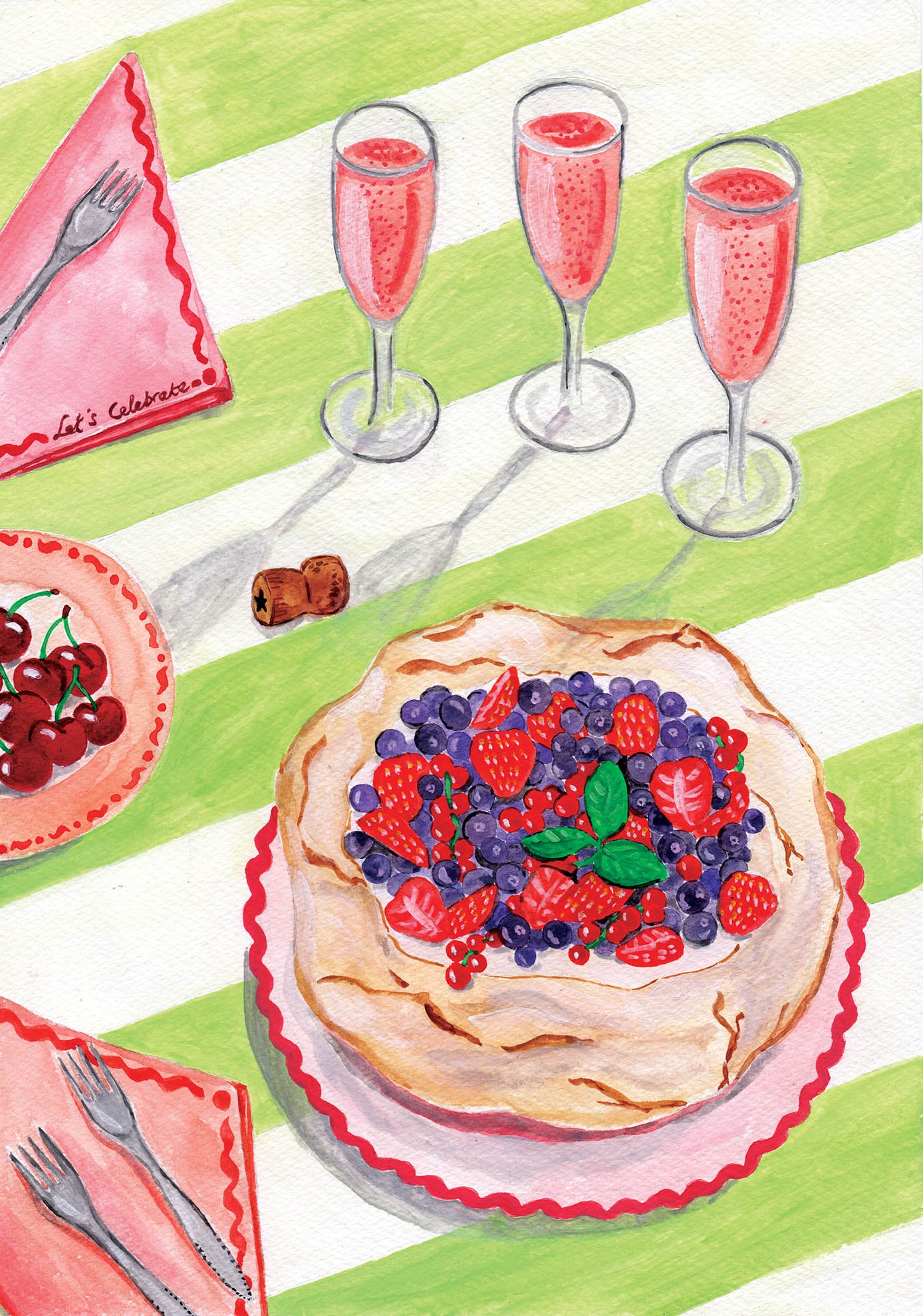 A watercolour painting of a pavlova with berries and three glasses of sparkling rosé on a striped green tablecloth.