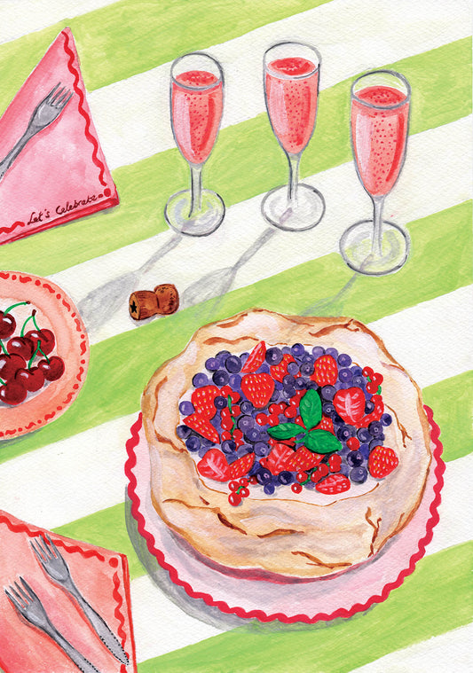 A watercolour painting of a pavlova with berries and three glasses of sparkling rosé on a striped green tablecloth.