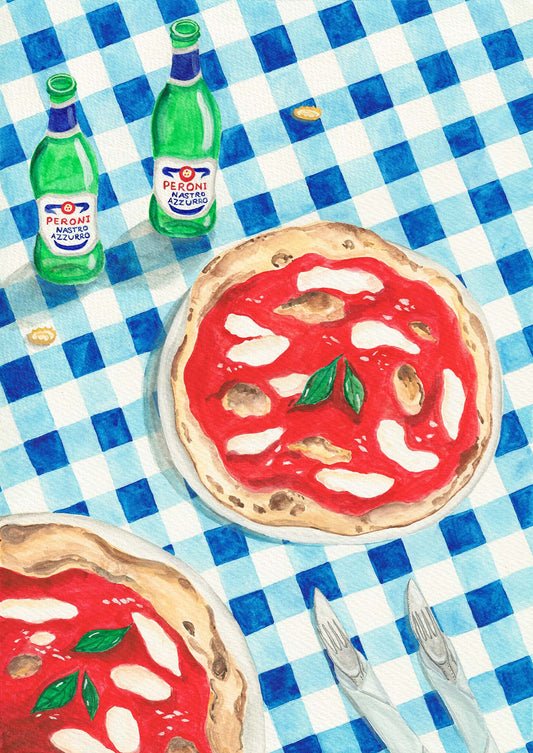 A watercolour painting of two pizzas and two bottles of Peroni beer on a blue checkered tablecloth.