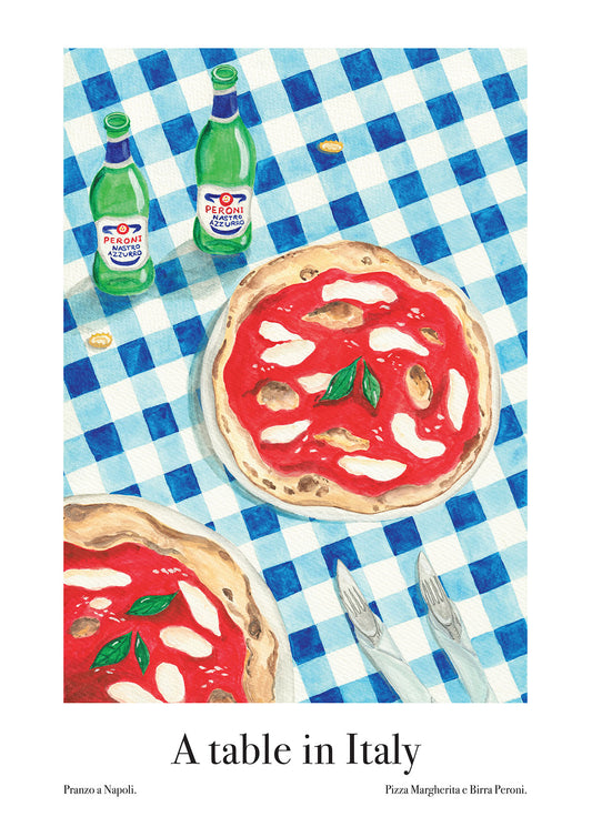 An art poster of a watercolour painting of pizza margherita and Peroni beer on a table with a blue checkered table cloth in Italy, Napoli