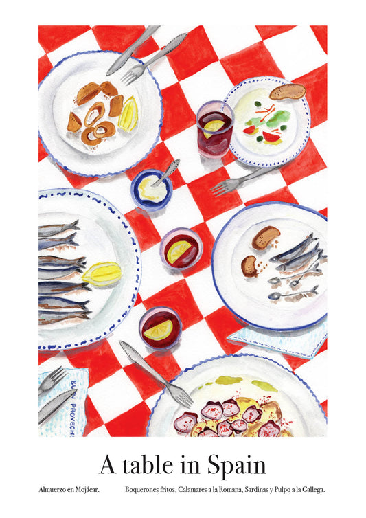 An art poster of a watercolour painting of Spanish seafood dishes on a red checkered table cloth.
