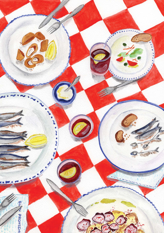 A watercolour painting of Spanish seafood dishes on a table with a checkered table cloth.