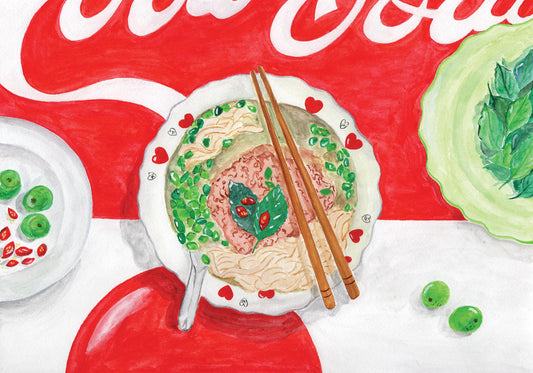 A watercolour painting of a bowl of Pho, Vietnamese noodle soup, a plate of green herbs and a plate of chillies and limes.