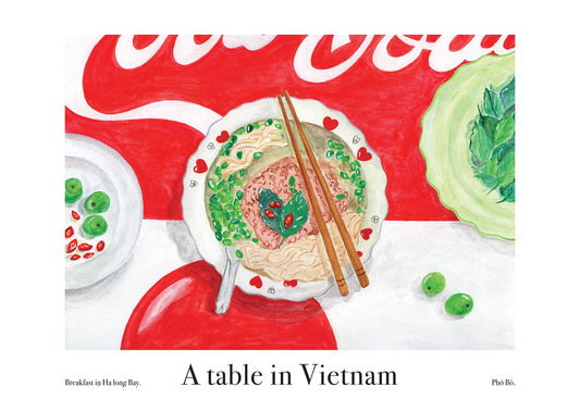 An art poster of a watercolour painting of a Vietnamese bowl of noodle soup, Pho, a plate of green herbs and a plate of chillies and limes.