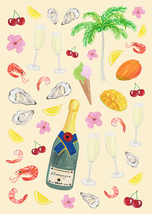 A pattern art poster with hand painted elements of champagne, seafood and fruit.