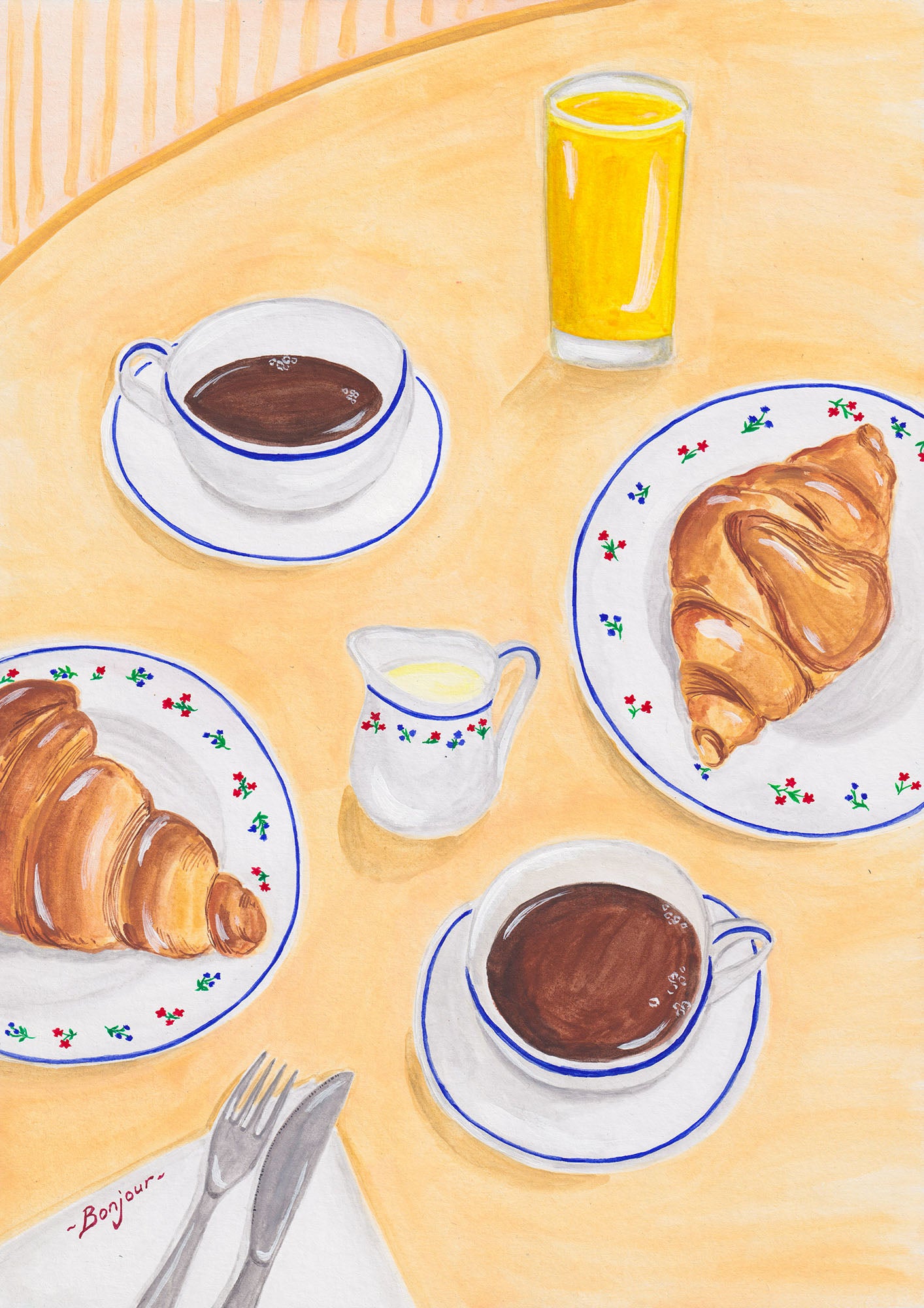 An art print of a watercolour still life with coffees and croissants