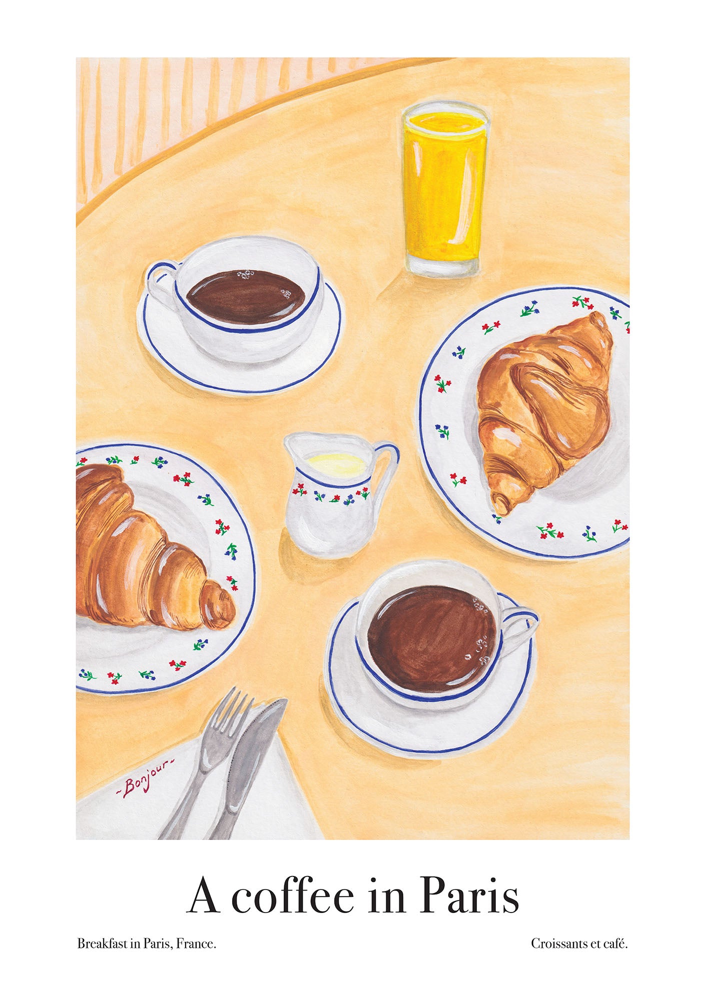 An art poster of a still life of a coffee and croissants in Paris