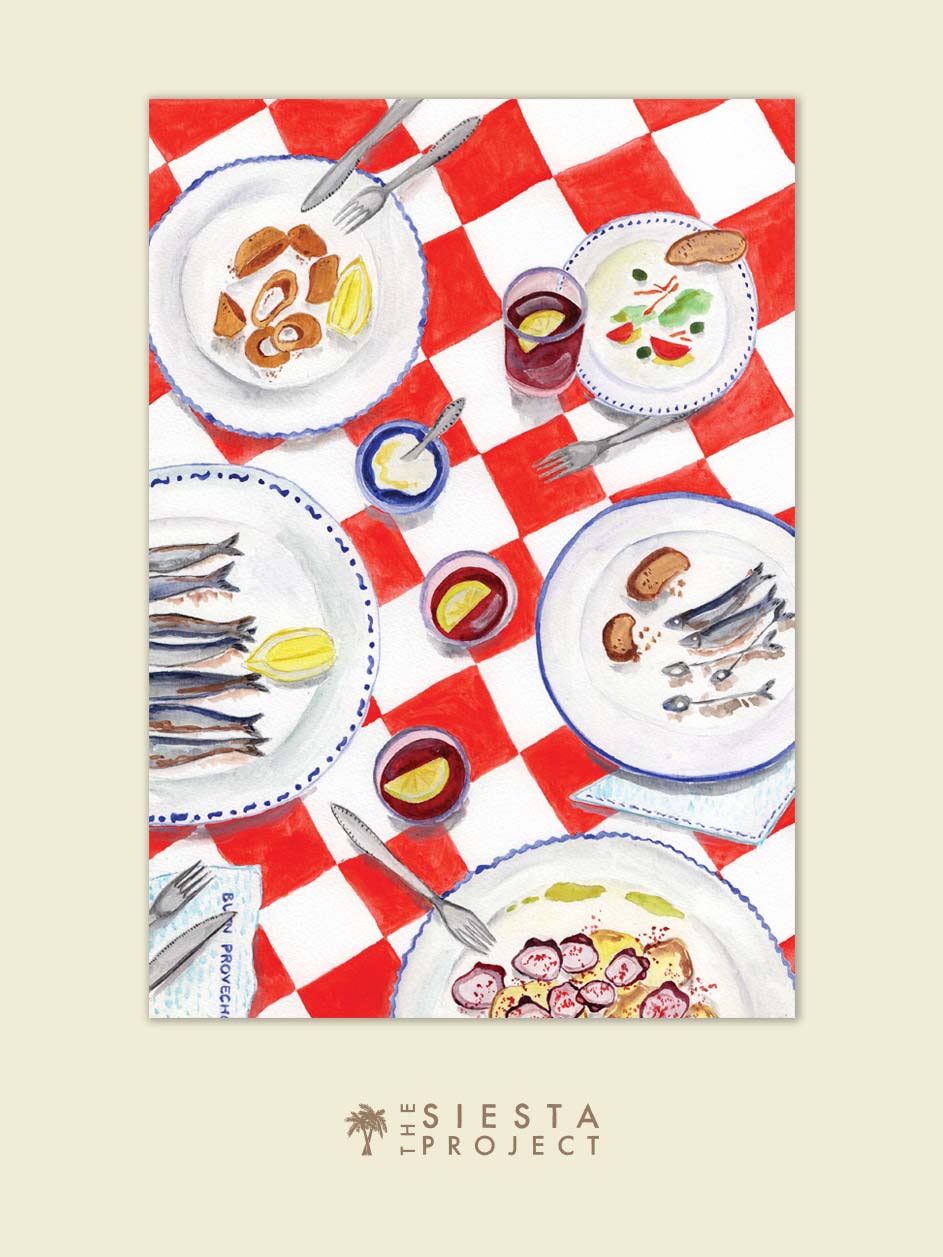 A Spanish food art print of seafood and wine on a red checkered table cloth