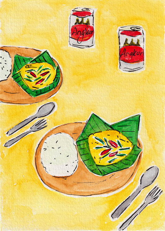 An Art Print of a Cambodian Fish Amok and Angkor beers on a yellow background, perfect as kitchen decor