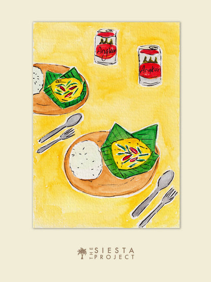 An Art Print of a Cambodian Fish Amok and Angkor beers on a yellow background, perfect as kitchen decor
