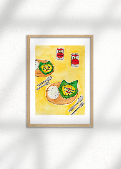 A framed Art Print of a Cambodian Fish Amok and Angkor beers on a yellow background, perfect as kitchen decor