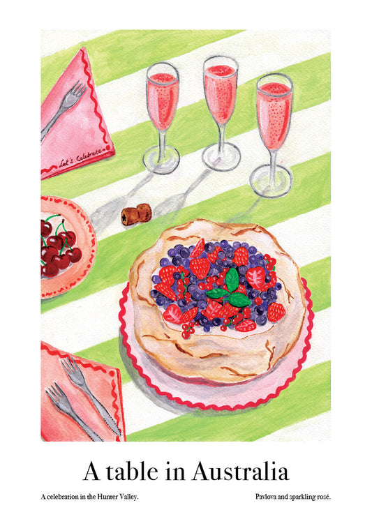 An art poster of a watercolour painting of a pavlova with berries and three glasses of sparkling rosé on a green striped table cloth.