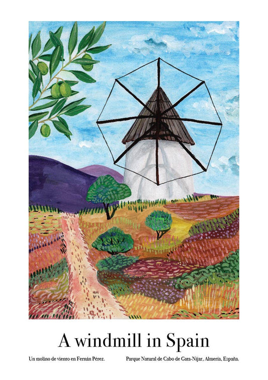 An art poster of a gouache painting of a windmill in Andalucia, Spain, with hills in the background. 