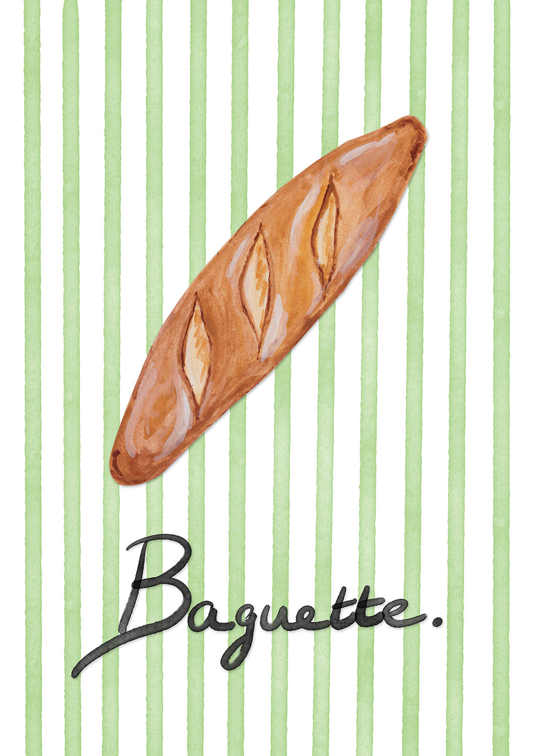 Illustration of a baguette on a green striped background with the word 'Baguette' written below.