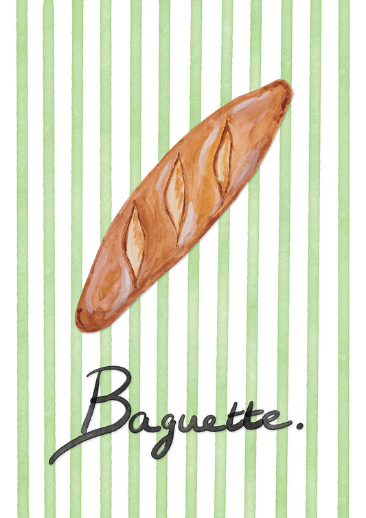 Illustration of a baguette on a green striped background with the word 'Baguette' written below.