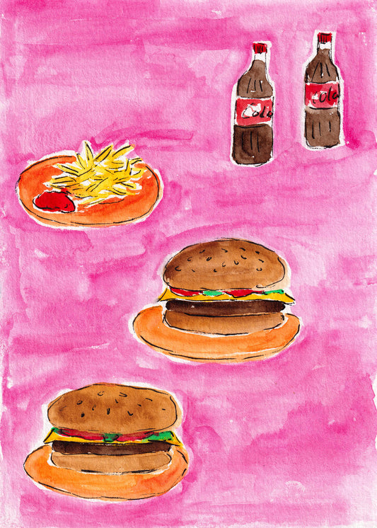 Illustration of burgers and fries on a pink background, a colourful art print for kitchen decor