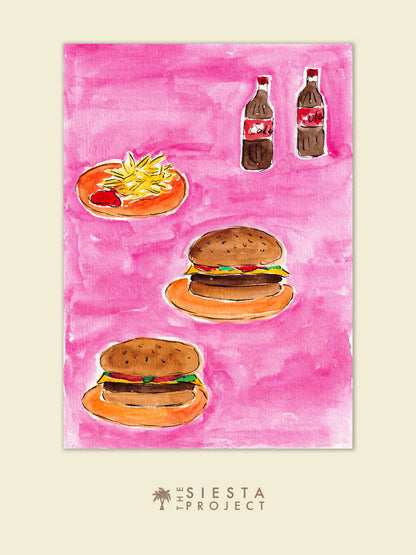 Illustration of burgers and fries on a pink background, a colourful art print for kitchen decor