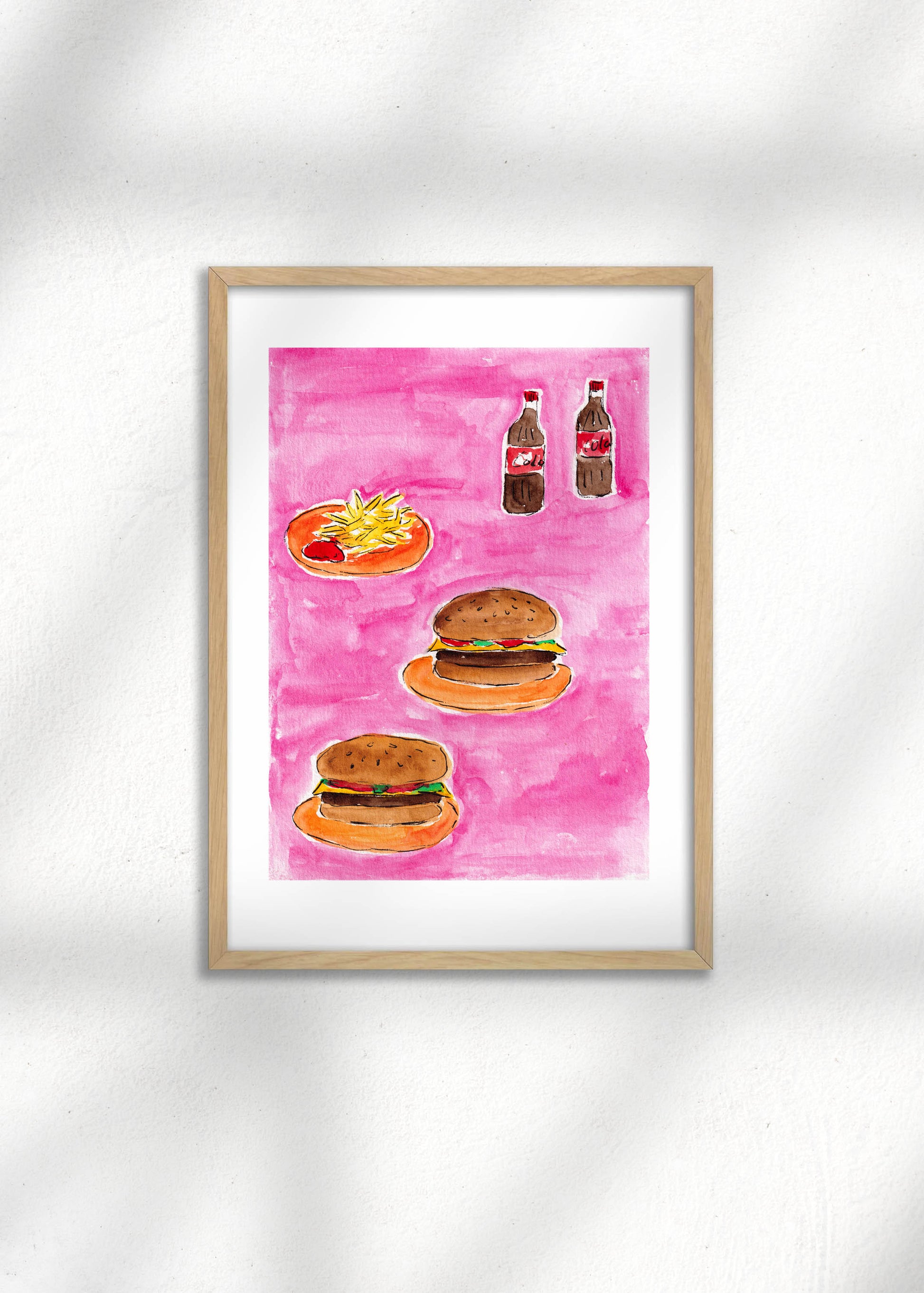 Framed illustration of burgers and fries on a pink background, a colourful art print for kitchen decor