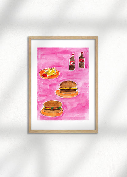 Framed illustration of burgers and fries on a pink background, a colourful art print for kitchen decor