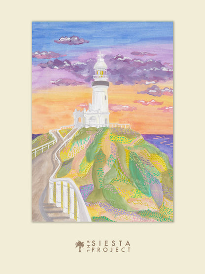 Painting of a lighthouse on a hill with a colorful sky, featuring the 'Siesta Project' logo. 
