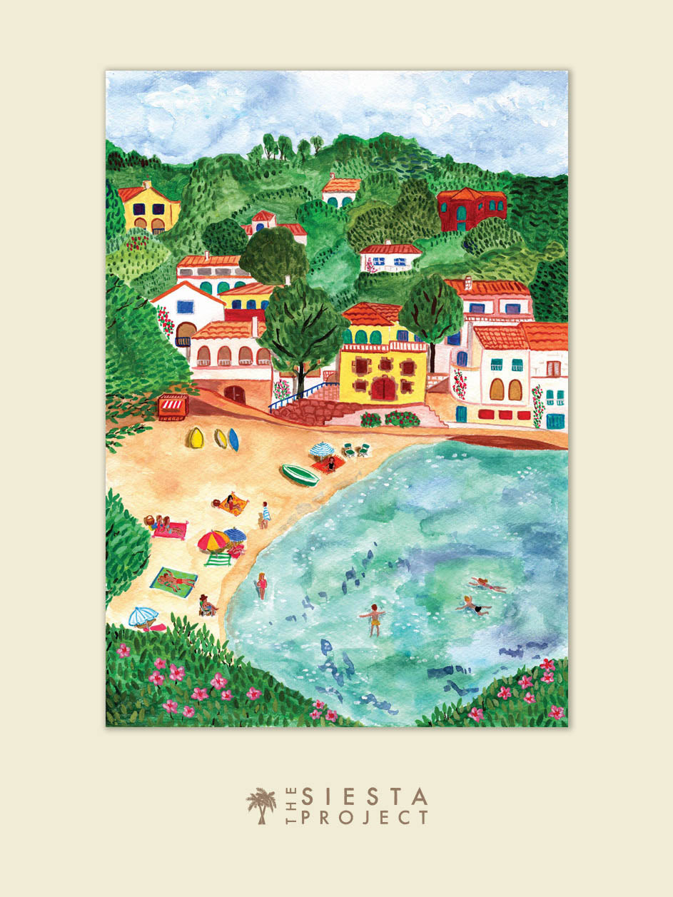 Colorful illustration of a coastal village with houses, beach, and people in Spain