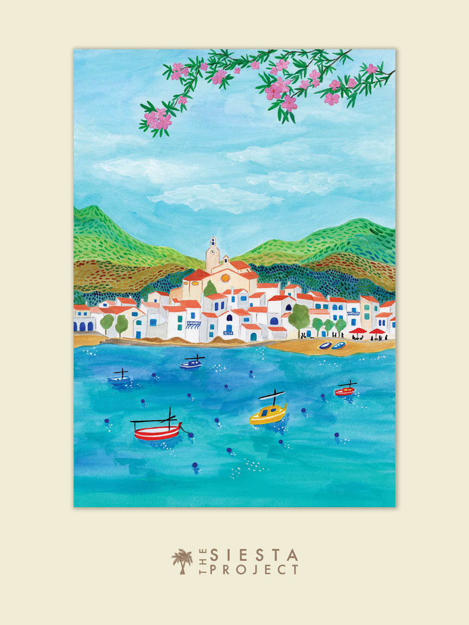 Illustration of a coastal town with boats and mountains