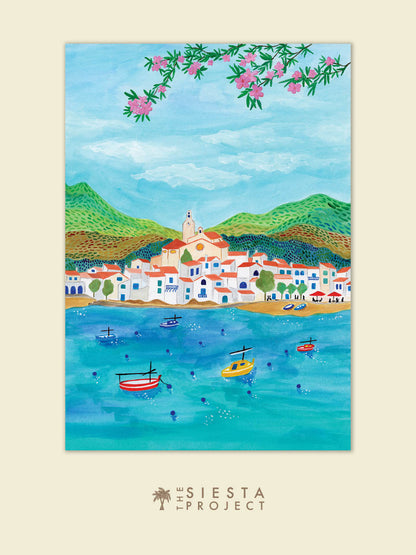 Illustration of a coastal town with boats and mountains