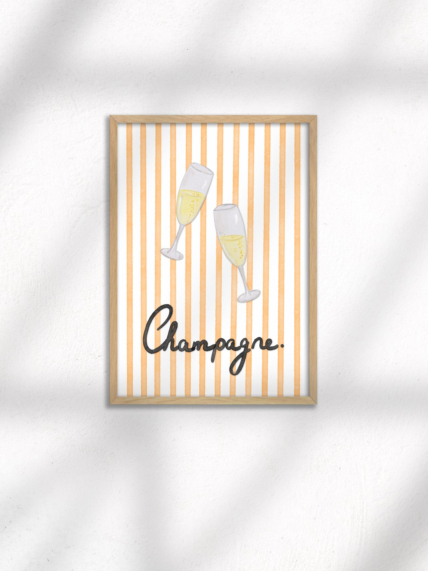 Framed artwork with striped pattern and 'Champagne' text on a white background